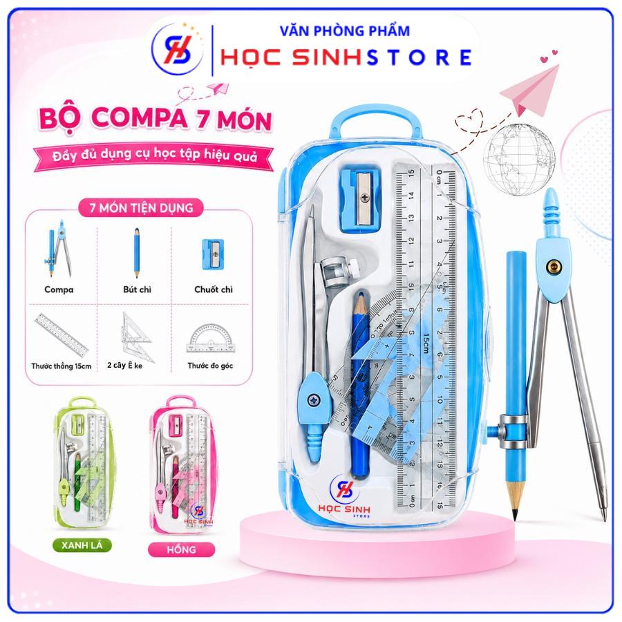 Bộ Compass 7 Món 8005 Hộp Nhựa Tiện Dụng, Dành Cho Học Sinh Toán Hình (Màu Nam - Nữ)